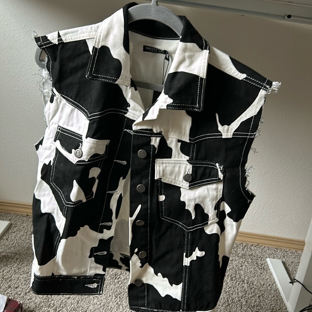 Cow print western denim vest